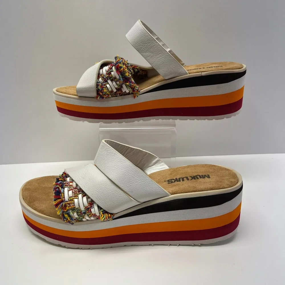 MUK LUKS Womens White Multi Fringe Striped Platform Wedge Slide Sandals Size 8